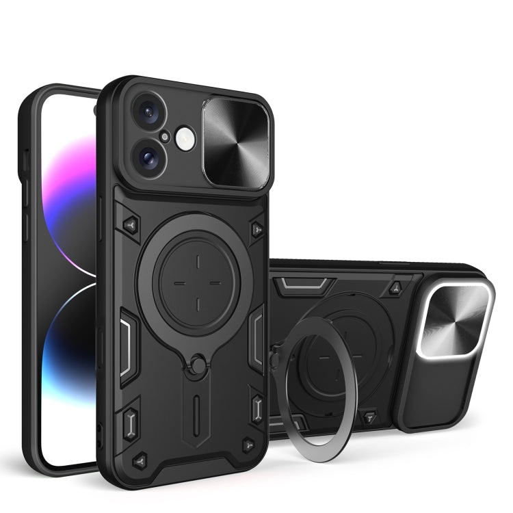 For iPhone 16 Plus CD Texture Sliding Camshield Magnetic Holder Phone Case(Black) - iPhone 16 Plus Cases by buy2fix | Online Shopping UK | buy2fix