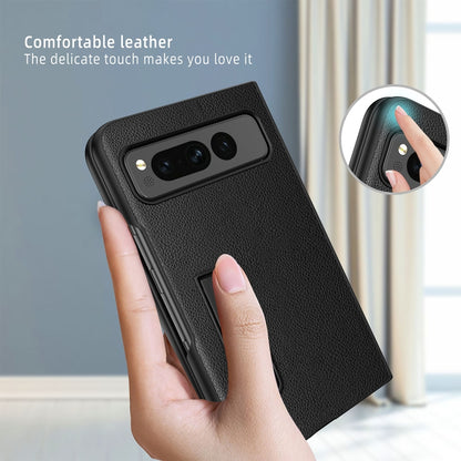 For Google Pixel Fold Litchi Texture Integrated Shockproof Phone Case with Holder(Carbon Fibre Black) - Google Cases by buy2fix | Online Shopping UK | buy2fix