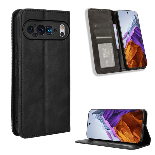 For Google Pixel 9 Magnetic Buckle Retro Texture Leather Phone Case(Black) - Google Cases by buy2fix | Online Shopping UK | buy2fix