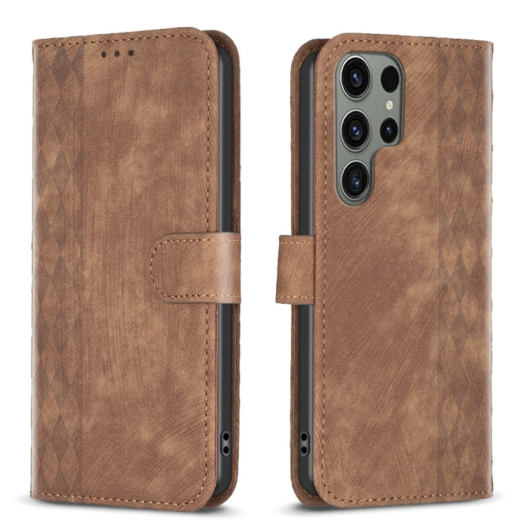 For Samsung Galaxy S23 Ultra 5G Plaid Embossed Leather Phone Case(Brown) - Galaxy S23 Ultra 5G Cases by buy2fix | Online Shopping UK | buy2fix