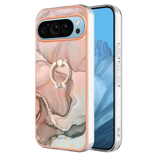 For Google Pixel 9 / 9 Pro Electroplating Marble Dual-side IMD Phone Case with Ring(Rose Gold 015) - Google Cases by buy2fix | Online Shopping UK | buy2fix