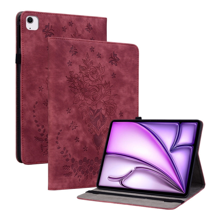 For iPad Air 11 2024 Butterfly Rose Embossed Leather Smart Tablet Case(Red) - iPad Air 11 2024 Cases by buy2fix | Online Shopping UK | buy2fix