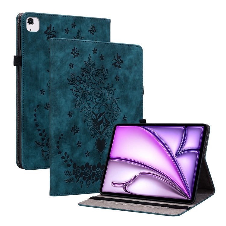 For iPad Air 11 2024 Butterfly Rose Embossed Leather Smart Tablet Case(Dark Blue) - iPad Air 11 2024 Cases by buy2fix | Online Shopping UK | buy2fix