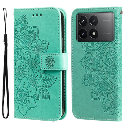 For Xiaomi Redmi K70 / K70 Pro 7-petal Flowers Embossing Leather Phone Case(Green) - K70 Pro Cases by buy2fix | Online Shopping UK | buy2fix