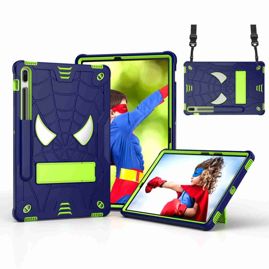 For Samsung Galaxy Tab S7 FE / S7+ / S8+ Spider Texture Silicone Hybrid PC Tablet Case with Shoulder Strap(Navy Blue + Yellow Green) - Galaxy Tab S8+ Cases by buy2fix | Online Shopping UK | buy2fix