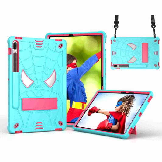 For Samsung Galaxy Tab S7 FE / S7+ / S8+ Spider Texture Silicone Hybrid PC Tablet Case with Shoulder Strap(Mint Green + Rose Red) - Galaxy Tab S8+ Cases by buy2fix | Online Shopping UK | buy2fix