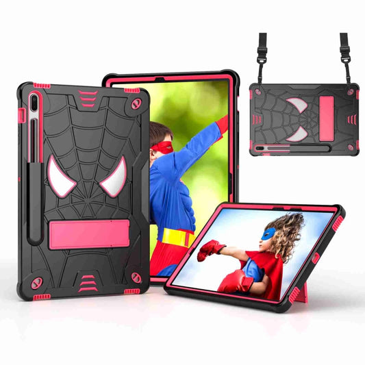 For Samsung Galaxy Tab S7 FE / S7+ / S8+ Spider Texture Silicone Hybrid PC Tablet Case with Shoulder Strap(Black + Rose Red) - Galaxy Tab S8+ Cases by buy2fix | Online Shopping UK | buy2fix