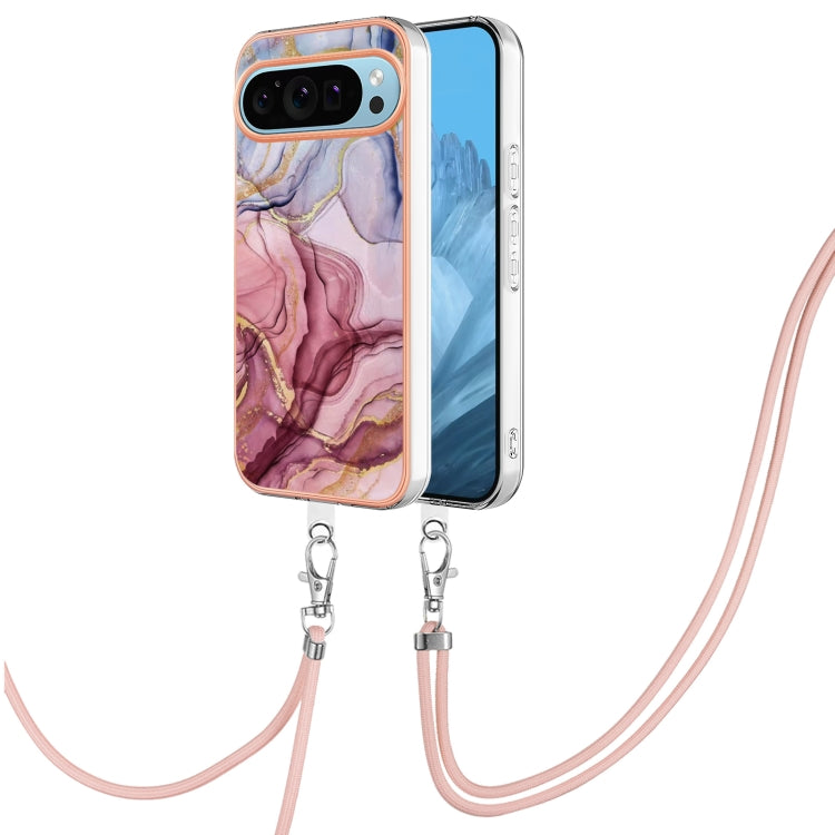 For Google Pixel 9 / 9 Pro Electroplating Marble Dual-side IMD Phone Case with Lanyard(Rose Red 014) - Google Cases by buy2fix | Online Shopping UK | buy2fix