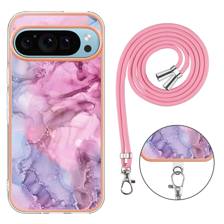 For Google Pixel 9 Pro XL Electroplating Marble Dual-side IMD Phone Case with Lanyard(Pink 013) - Google Cases by buy2fix | Online Shopping UK | buy2fix