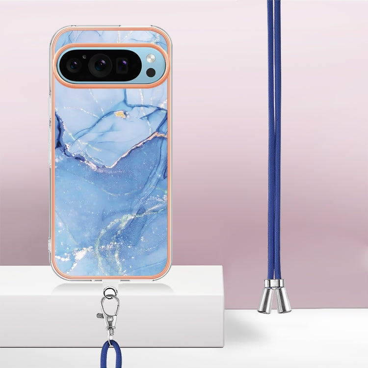 For Google Pixel 9 Pro XL Electroplating Marble Dual-side IMD Phone Case with Lanyard(Blue 018) - Google Cases by buy2fix | Online Shopping UK | buy2fix