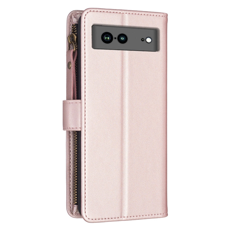 For Google Pixel 7a 9 Card Slots Zipper Wallet Leather Flip Phone Case(Rose Gold) - Google Cases by buy2fix | Online Shopping UK | buy2fix