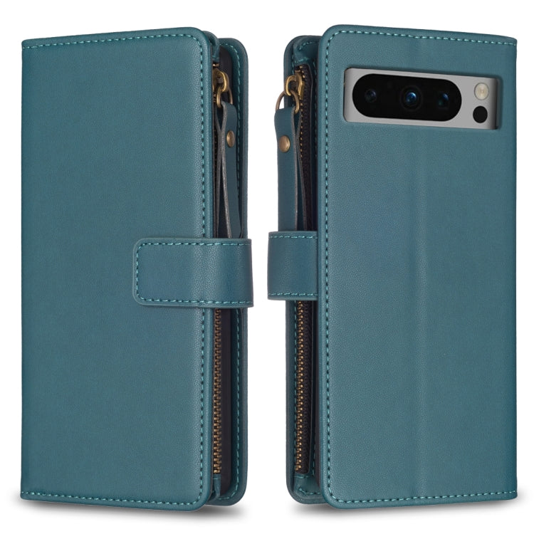 For Google Pixel 8 Pro 9 Card Slots Zipper Wallet Leather Flip Phone Case(Green) - Google Cases by buy2fix | Online Shopping UK | buy2fix