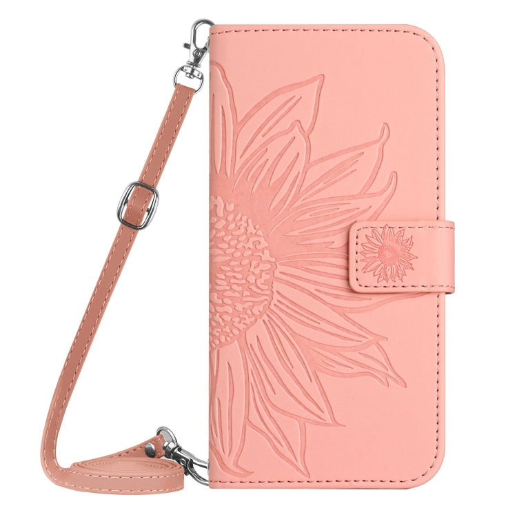 For iPhone 16 Pro Skin Feel Sun Flower Embossed Flip Leather Phone Case with Lanyard(Pink) - iPhone 16 Pro Cases by buy2fix | Online Shopping UK | buy2fix