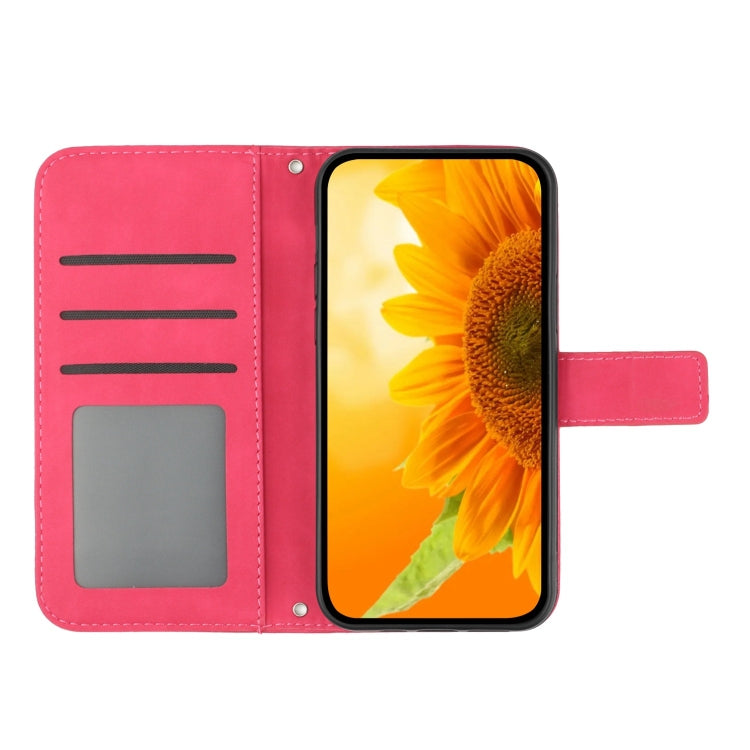 For iPhone 16 Plus Skin Feel Sun Flower Embossed Flip Leather Phone Case with Lanyard(Rose Red) - iPhone 16 Plus Cases by buy2fix | Online Shopping UK | buy2fix