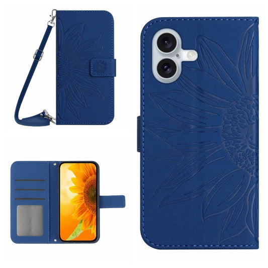 For iPhone 16 Skin Feel Sun Flower Embossed Flip Leather Phone Case with Lanyard(Dark Blue) - iPhone 16 Cases by buy2fix | Online Shopping UK | buy2fix