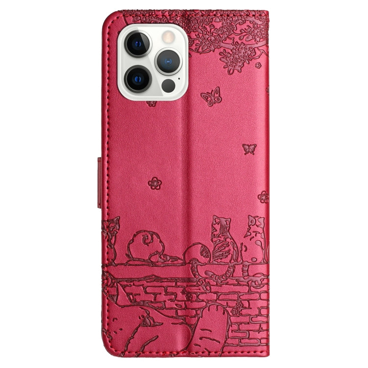 For iPhone 16 Pro Max Cat Embossing Pattern Leather Phone Case with Lanyard(Red) - iPhone 16 Pro Max Cases by buy2fix | Online Shopping UK | buy2fix