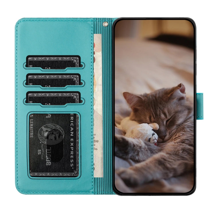 For iPhone 16 Pro Cat Embossing Pattern Leather Phone Case with Lanyard(Blue) - iPhone 16 Pro Cases by buy2fix | Online Shopping UK | buy2fix