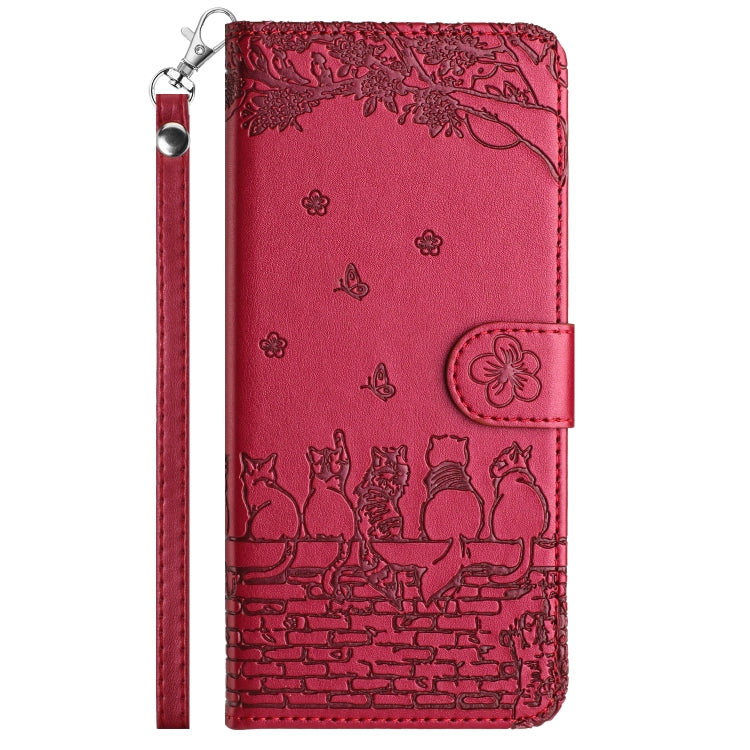 For iPhone 16 Plus Cat Embossing Pattern Leather Phone Case with Lanyard(Red) - iPhone 16 Plus Cases by buy2fix | Online Shopping UK | buy2fix