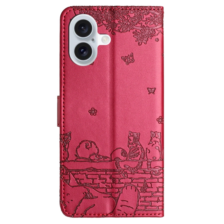 For iPhone 16 Plus Cat Embossing Pattern Leather Phone Case with Lanyard(Red) - iPhone 16 Plus Cases by buy2fix | Online Shopping UK | buy2fix