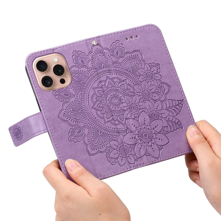 For iPhone 16 Pro 7-petal Flowers Embossing Leather Phone Case(Light Purple) - iPhone 16 Pro Cases by buy2fix | Online Shopping UK | buy2fix