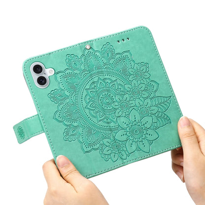 For iPhone 16 Plus 7-petal Flowers Embossing Leather Phone Case(Green) - iPhone 16 Plus Cases by buy2fix | Online Shopping UK | buy2fix