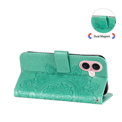 For iPhone 16 7-petal Flowers Embossing Leather Phone Case(Green) - iPhone 16 Cases by buy2fix | Online Shopping UK | buy2fix