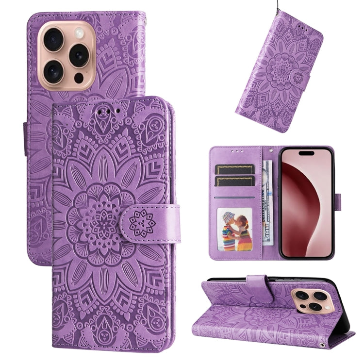 For iPhone 16 Pro Embossed Sunflower Leather Phone Case(Purple) - iPhone 16 Pro Cases by buy2fix | Online Shopping UK | buy2fix