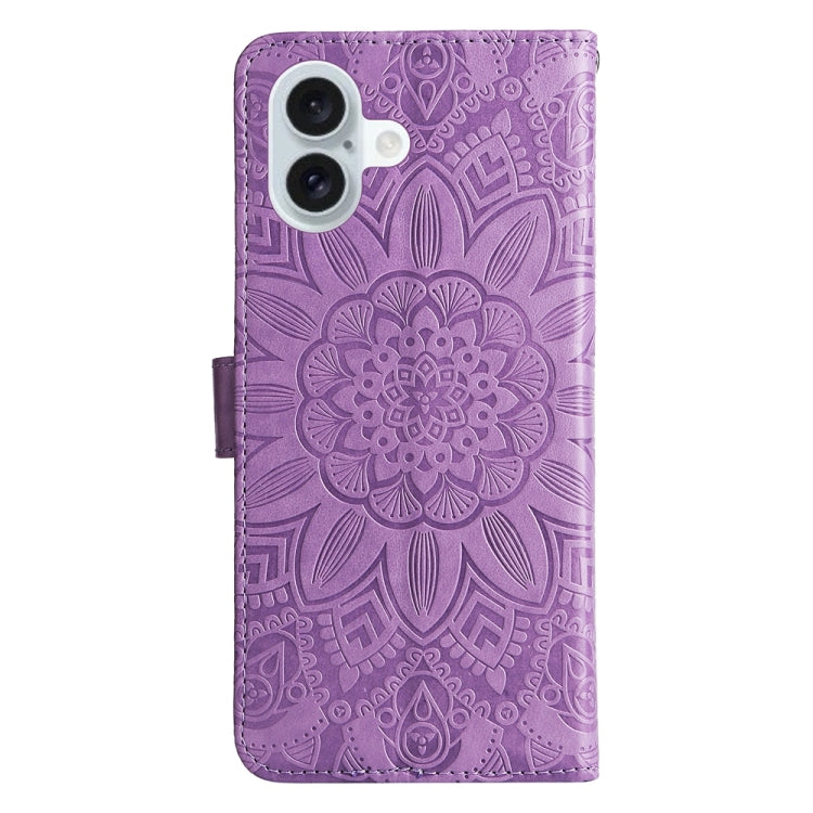 For iPhone 16 Plus Embossed Sunflower Leather Phone Case(Purple) - iPhone 16 Plus Cases by buy2fix | Online Shopping UK | buy2fix