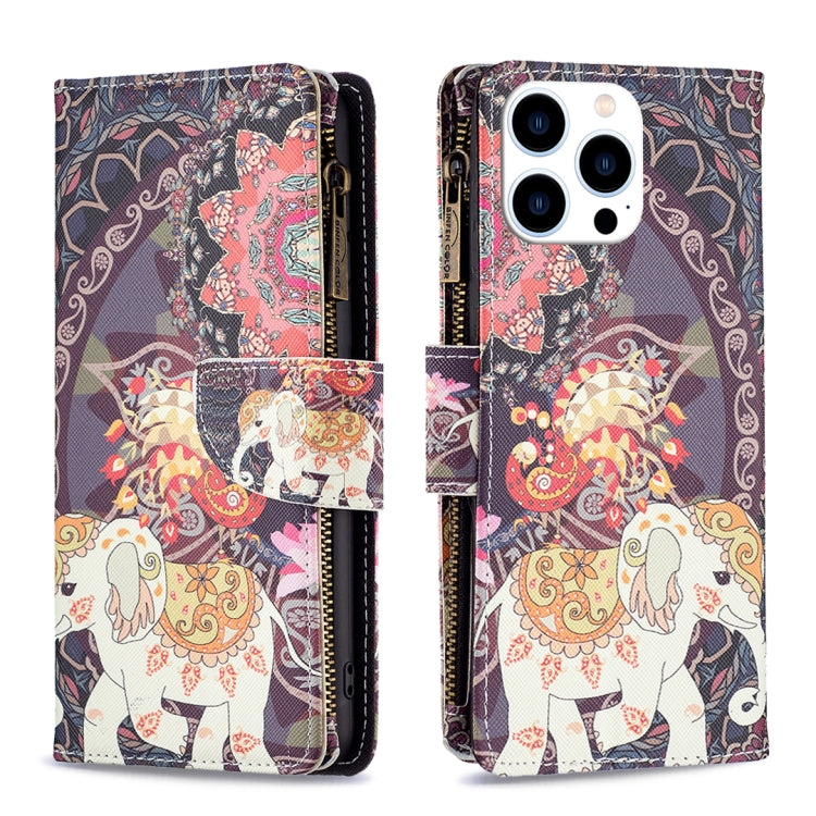 For iPhone 16 Pro Max Colored Drawing Pattern Zipper Phone Leather Case(Flower Elephant) - iPhone 16 Pro Max Cases by buy2fix | Online Shopping UK | buy2fix