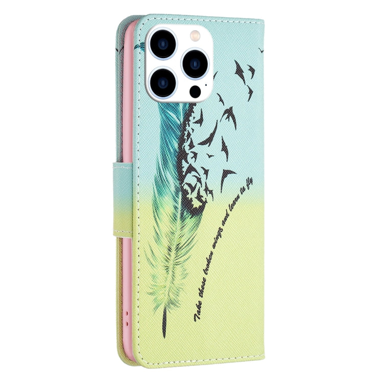 For iPhone 16 Pro Max Colored Drawing Pattern Leather Phone Case(Feather) - iPhone 16 Pro Max Cases by buy2fix | Online Shopping UK | buy2fix