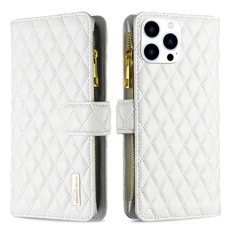 For iPhone 16 Pro Diamond Lattice Zipper Wallet Leather Flip Phone Case(White) - iPhone 16 Pro Cases by buy2fix | Online Shopping UK | buy2fix