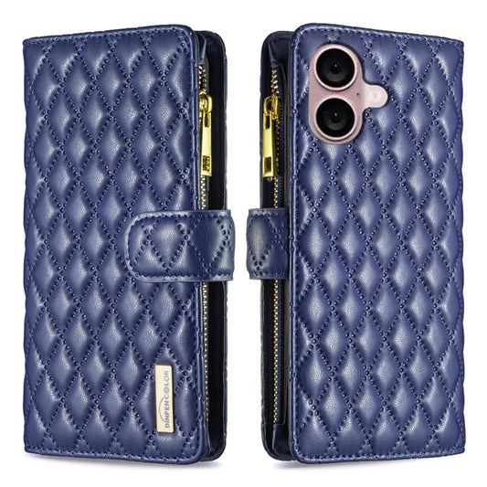 For iPhone 16 Diamond Lattice Zipper Wallet Leather Flip Phone Case(Blue) - iPhone 16 Cases by buy2fix | Online Shopping UK | buy2fix