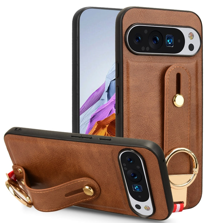 For Google Pixel 9 Pro Wristband Leather Back Phone Case(Brown) - Google Cases by buy2fix | Online Shopping UK | buy2fix