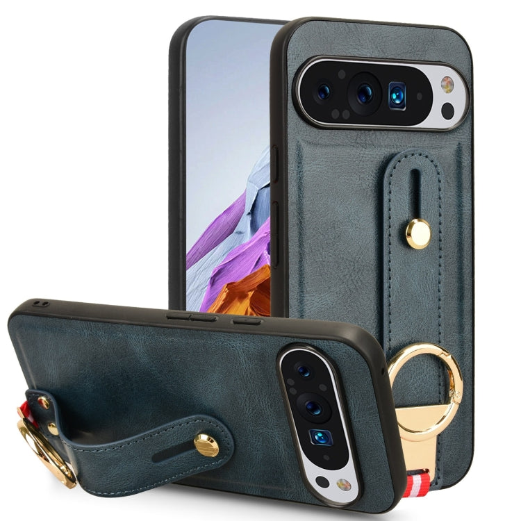 For Google Pixel 9 Wristband Leather Back Phone Case(Blue) - Google Cases by buy2fix | Online Shopping UK | buy2fix