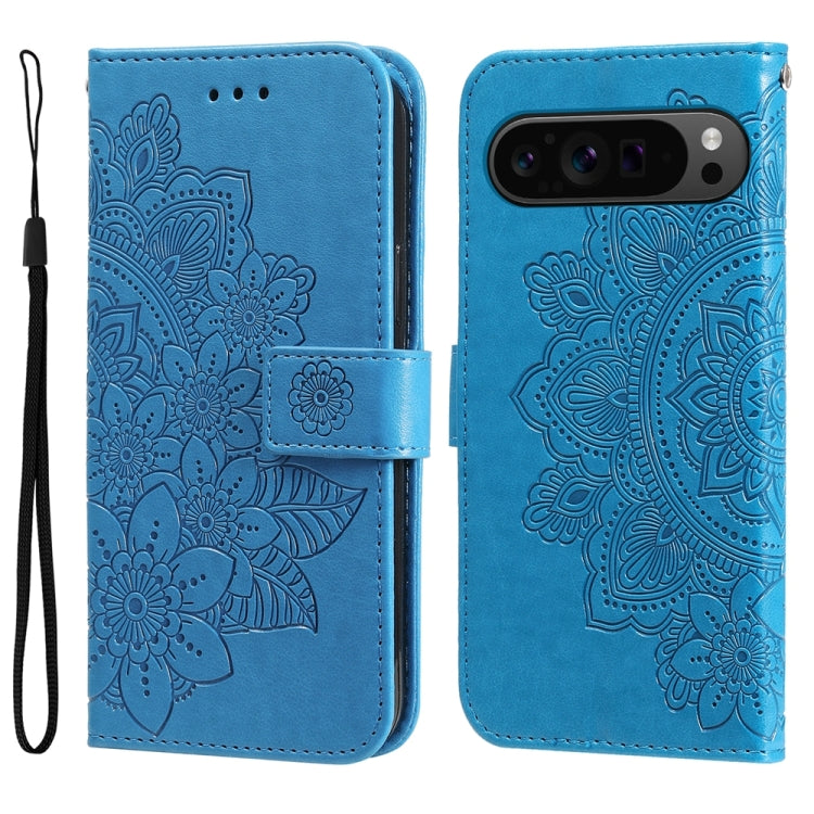 For Google Pixel 9 Pro 7-petal Flowers Embossing Leather Phone Case(Blue) - Google Cases by buy2fix | Online Shopping UK | buy2fix