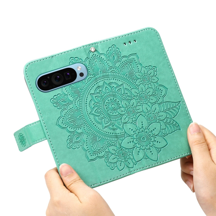 For Google Pixel 9 7-petal Flowers Embossing Leather Phone Case(Green) - Google Cases by buy2fix | Online Shopping UK | buy2fix