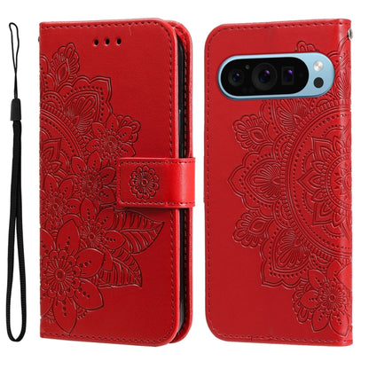 For Google Pixel 9 7-petal Flowers Embossing Leather Phone Case(Red) - Google Cases by buy2fix | Online Shopping UK | buy2fix