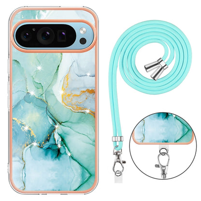 For Google Pixel 9 / 9 Pro Electroplating Marble Dual-side IMD Phone Case with Lanyard(Green 003) - Google Cases by buy2fix | Online Shopping UK | buy2fix