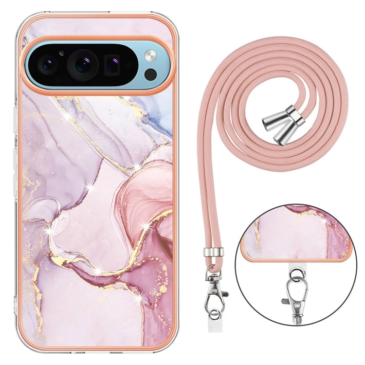 For Google Pixel 9 Pro XL Electroplating Marble Dual-side IMD Phone Case with Lanyard(Rose Gold 005) - Google Cases by buy2fix | Online Shopping UK | buy2fix