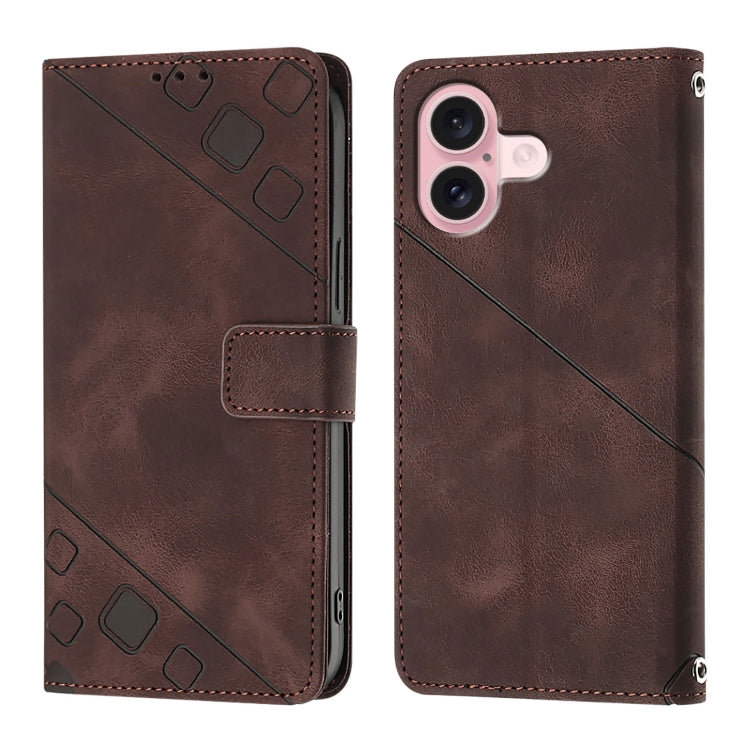 For iPhone 16 Skin-feel Embossed Leather Phone Case(Brown) - iPhone 16 Cases by buy2fix | Online Shopping UK | buy2fix