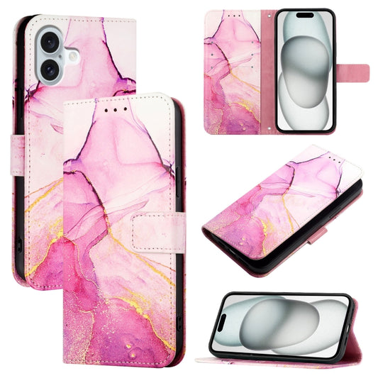 For iPhone 16 Plus PT003 Marble Pattern Flip Leather Phone Case(Pink Purple Gold LS001) - iPhone 16 Plus Cases by buy2fix | Online Shopping UK | buy2fix