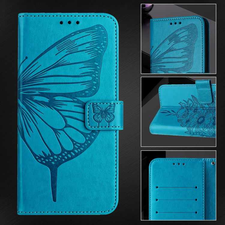 For iPhone 16 Plus Embossed Butterfly Leather Phone Case(Blue) - iPhone 16 Plus Cases by buy2fix | Online Shopping UK | buy2fix