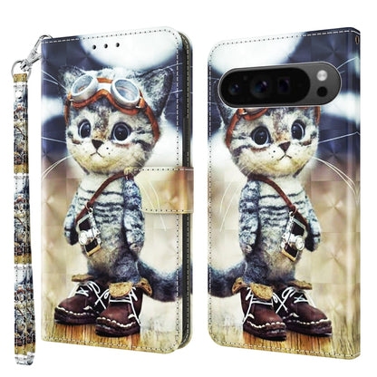 For Google Pixel 9 3D Painted Pattern Leather Phone Case(Naughty Cat) - Google Cases by buy2fix | Online Shopping UK | buy2fix