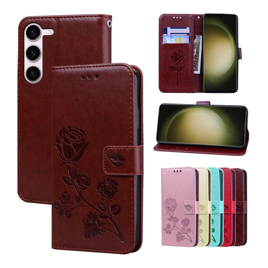 For Samsung Galaxy S24 Rose Embossed Flip PU Leather Phone Case(Brown) - Galaxy S24 5G Cases by buy2fix | Online Shopping UK | buy2fix