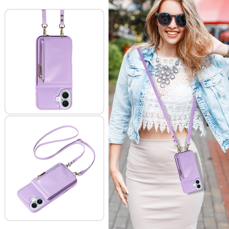 For iPhone 16 Plus Crossbody Lanyard Zipper Wallet Leather Phone Case(Purple) - iPhone 16 Plus Cases by buy2fix | Online Shopping UK | buy2fix