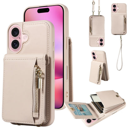 For iPhone 16 Crossbody Lanyard Zipper Wallet Leather Phone Case(Beige) - iPhone 16 Cases by buy2fix | Online Shopping UK | buy2fix