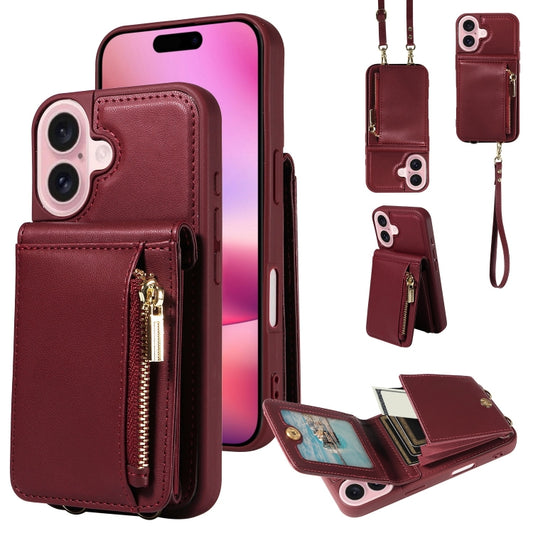 For iPhone 16 Crossbody Lanyard Zipper Wallet Leather Phone Case(Wine Red) - iPhone 16 Cases by buy2fix | Online Shopping UK | buy2fix