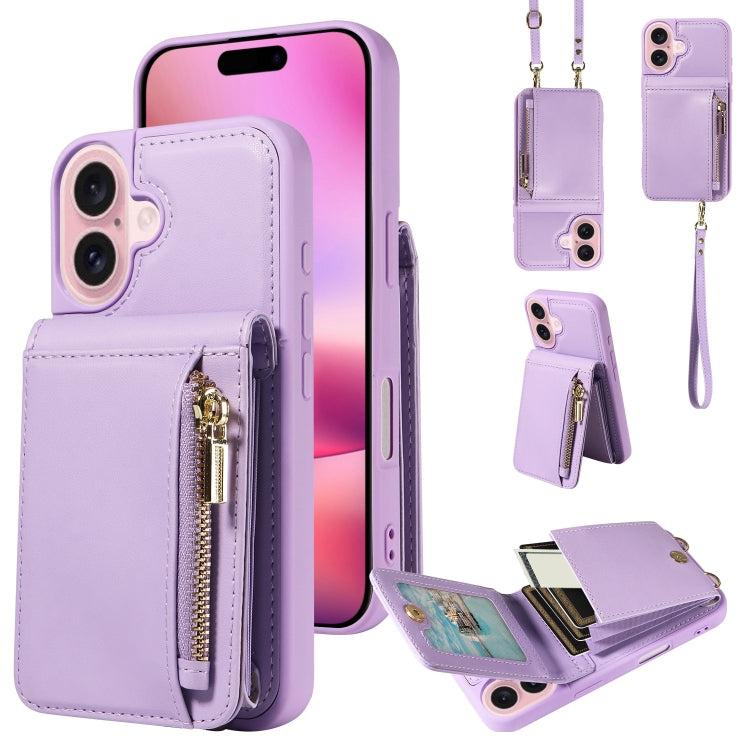 For iPhone 16 Crossbody Lanyard Zipper Wallet Leather Phone Case(Purple) - iPhone 16 Cases by buy2fix | Online Shopping UK | buy2fix