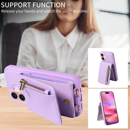 For iPhone 16 Crossbody Lanyard Zipper Wallet Leather Phone Case(Purple) - iPhone 16 Cases by buy2fix | Online Shopping UK | buy2fix