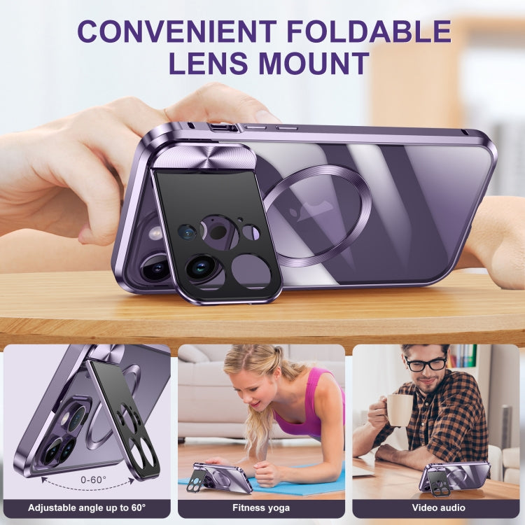 For iPhone 15 Pro Max Large Window Holder MagSafe Magnetic Metal Phone Case(Purple) - iPhone 15 Pro Max Cases by buy2fix | Online Shopping UK | buy2fix